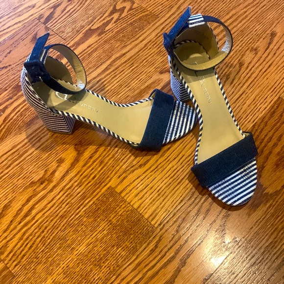 CL by Laundry Shoes - CL by Laundry Navy and White Striped Block Heels with Denim Straps